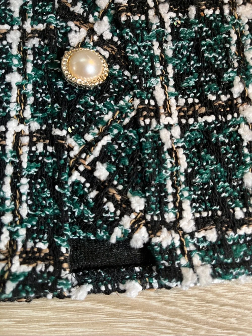 Plaid Tweed Mini Skirt with Pearl Button Accents